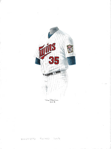 This is an original watercolor painting of the 2012 Minnesota Twins uniform.