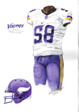 This is an original watercolor painting of the 2013 Minnesota Vikings uniform.