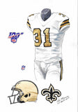This is a framed original watercolor painting of the 2019 New Orleans Saints uniform.