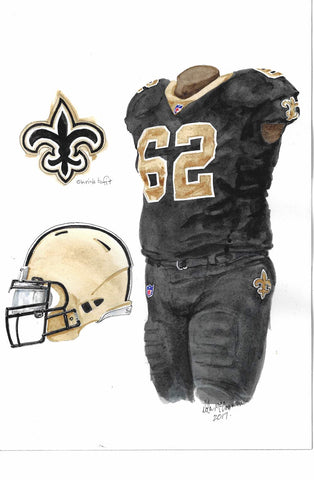 This is an original watercolor painting of the 2017 New Orleans Saints uniform.