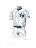 This is a framed original watercolor painting of the 2021 New York Yankees uniform.
