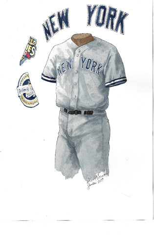 This is an original watercolor painting of the 2009 New York Yankees uniform.