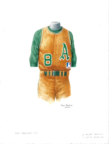This is an original watercolor painting of the 1969 Oakland Athletics uniform.
