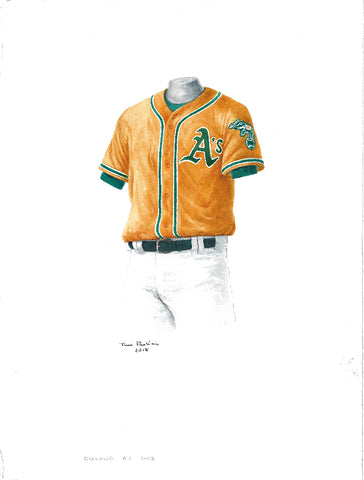 This is an original watercolor painting of the 2012 Oakland Athletics uniform.