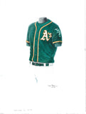 This is an original watercolor painting of the 2017 Oakland Athletics uniform.