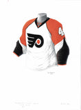 This is a framed original watercolor painting of the 2007-08 Philadelphia Flyers jersey.