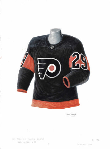This is a framed original watercolor painting of the 2018-19 Philadelphia Flyers jersey.