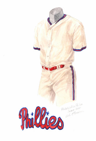 This is a framed original watercolor painting of the 2021 Philadelphia Phillies uniform.