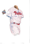 This is an original watercolor painting of the 2008 Philadelphia Phillies uniform.