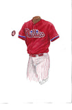 This is an original watercolor painting of the 2017 Philadelphia Phillies uniform.