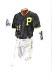 This is an original watercolor painting of the 2013 Pittsburgh Pirates uniform.