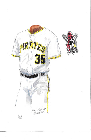 This is an original watercolor painting of the 2017 Pittsburgh Pirates uniform.