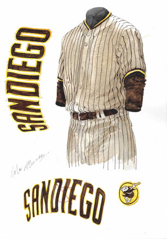 This is a framed original watercolor painting of the 2020 San Diego Padres uniform.
