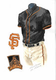 This is a framed original watercolor painting of the 2020 San Francisco Giants uniform.