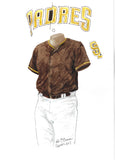This is an original watercolor painting of the 2017 San Diego Padres uniform.