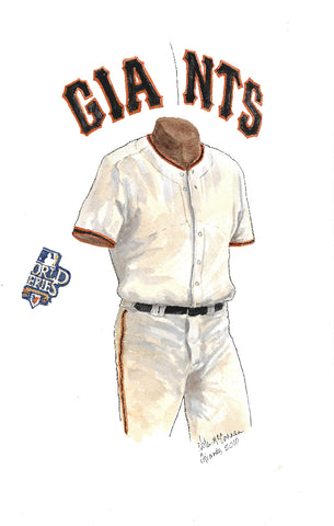 This is an original watercolor painting of the 2010 San Francisco Giants uniform.