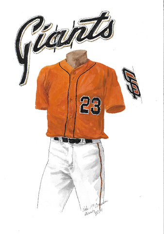 This is an original watercolor painting of the 2014 San Francisco Giants uniform.