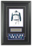This is an original watercolor painting of the 1998 Seattle Mariners uniform.
