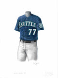 This is a framed original watercolor painting of the 2021 Seattle Mariners uniform.