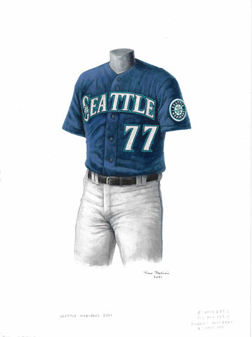 This is a framed original watercolor painting of the 2021 Seattle Mariners uniform.