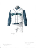 This is an original watercolor painting of the 1998 Seattle Mariners uniform.