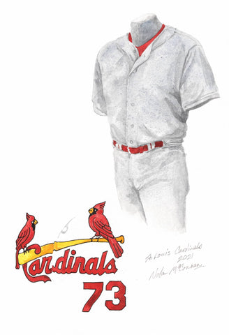 This is a framed original watercolor painting of the 2021 St. Louis Cardinals uniform.