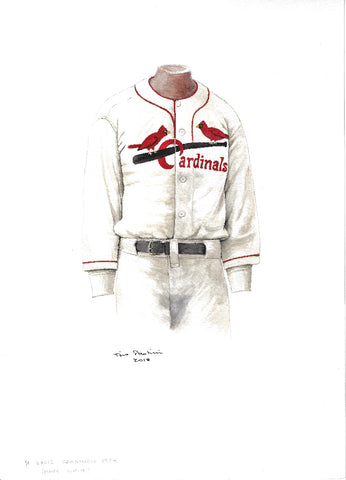 This is an original watercolor painting of the 1934 St. Louis Cardinals uniform.