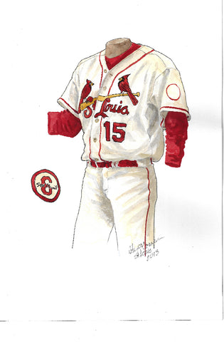 This is an original watercolor painting of the 2013 St. Louis Cardinals uniform.