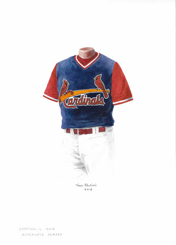 This is an original watercolor painting of the 2017 St. Louis Cardinals uniform.