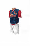 This is an original watercolor painting of the 2017 St. Louis Cardinals uniform.