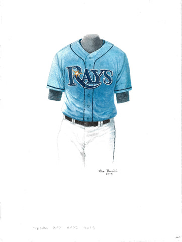 This is an original watercolor painting of the 2012 Tampa Bay Rays uniform.
