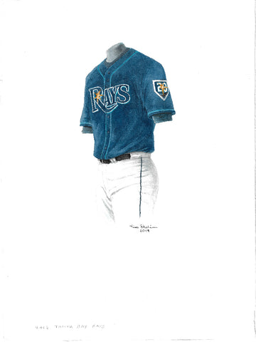 This is an original watercolor painting of the 2018 Tampa Bay Rays uniform.