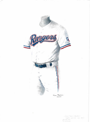 This is a framed original watercolor painting of the 2020 Texas Rangers uniform.