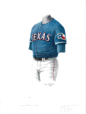 This is an original watercolor painting of the 2000 Texas Rangers uniform.