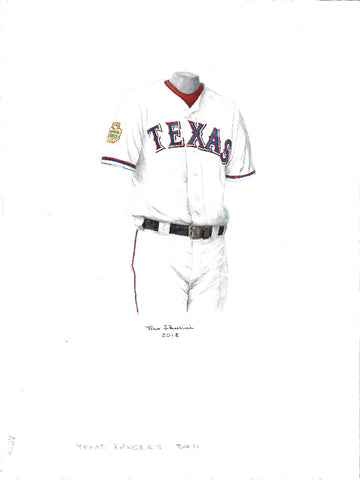 This is an original watercolor painting of the 2011 Texas Rangers uniform.