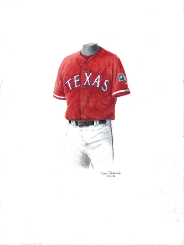 This is an original watercolor painting of the 2016 Texas Rangers uniform.