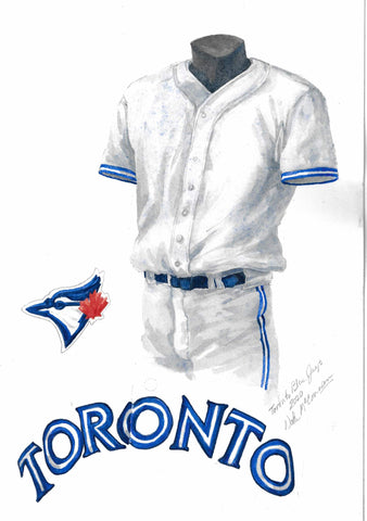 This is a framed original watercolor painting of the 2020 Toronto Blue Jays uniform.