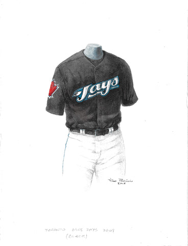 This is an original watercolor painting of the 2009 Toronto Blue Jays uniform.