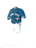 This is an original watercolor painting of the 2015 Toronto Blue Jays uniform.