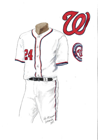 This is an original watercolor painting of the 2017 Washington Nationals uniform.