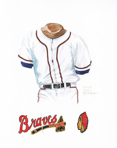 This is an original watercolor painting of the 1948 Atlanta Braves uniform.