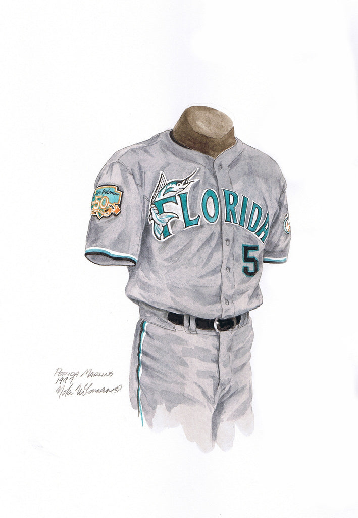 MLB Florida Marlins 1997 uniform original art – Heritage Sports Art
